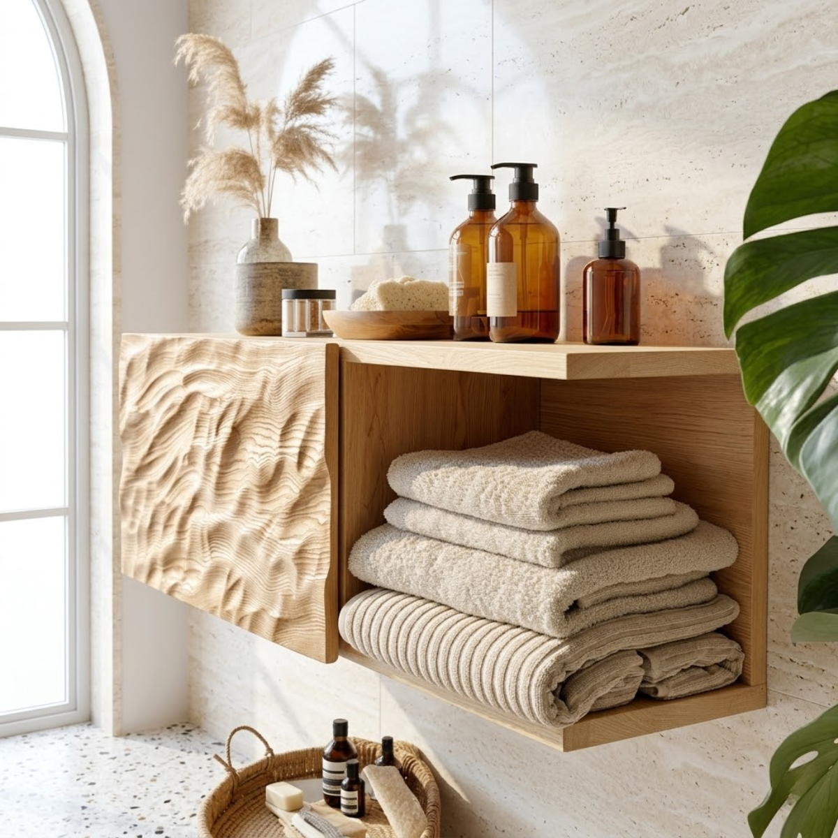 Floating Bathroom Cabinet, Modern Textured Wall Mounted Vanity Storage Organizer
