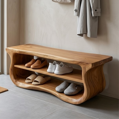Solid Wood Entryway Bench with Shoe Storage, Organic Wavy Hallway Seating