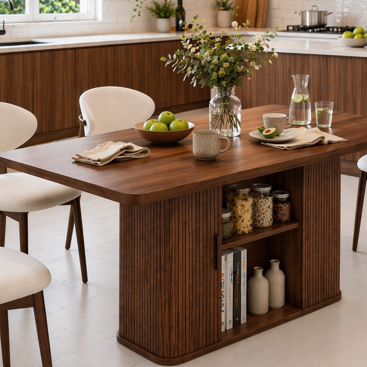 Solid Wood Dining Table with Storage – Walnut Kitchen Table with Fluted Base