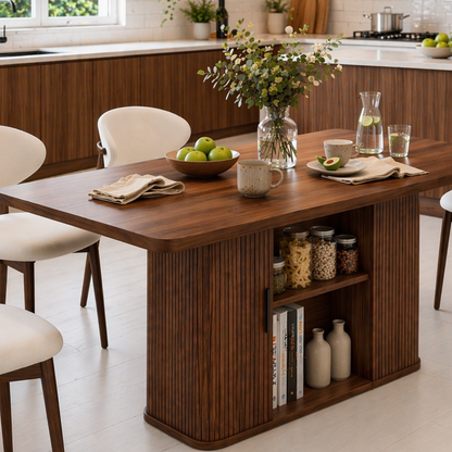 Solid Wood Dining Table with Storage – Walnut Kitchen Table with Fluted Base
