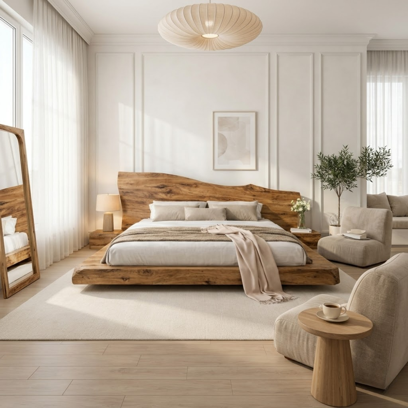 Solid Wood Platform Bed with Live Edge Headboard – Rustic Natural Wood Bed Frame, Modern Minimalist Bedroom Furniture