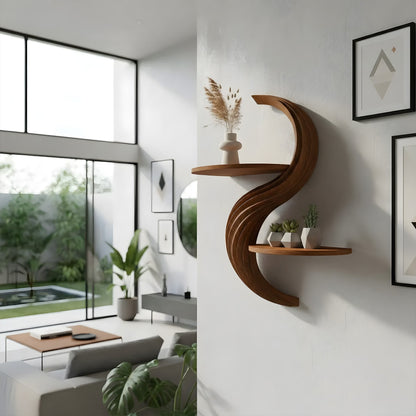 Curved Dual-Tier Floating Wall Shelf with Sculptural Form