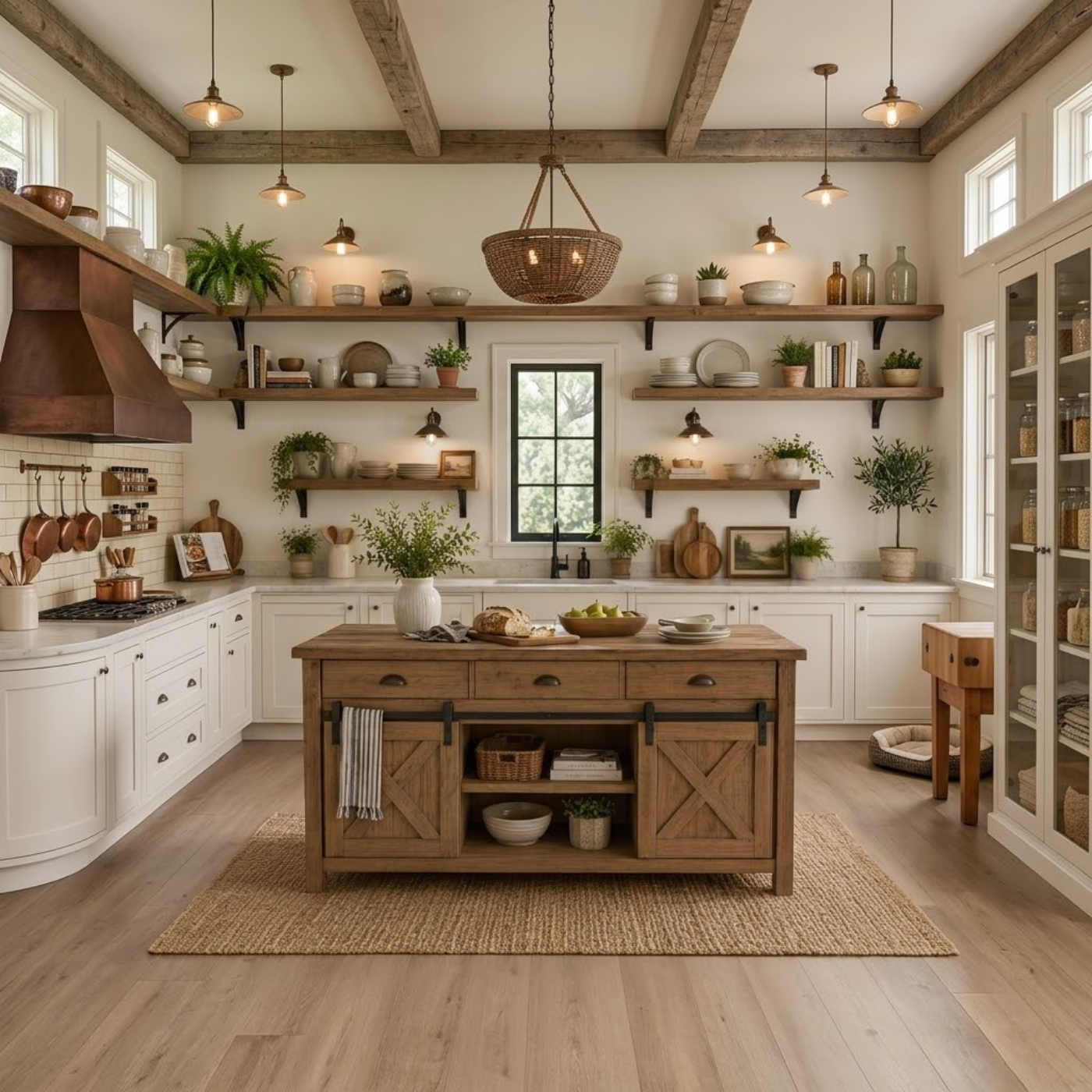 Solid Wood Kitchen Island with Sliding Barn Doors – Rustic Farmhouse Kitchen Table, Wooden Prep Island with Storage