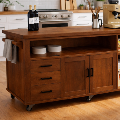 Solid Wood Kitchen Island with Storage & Shelves – Rolling Kitchen Cart with Drawers, Cabinets & Open Storage