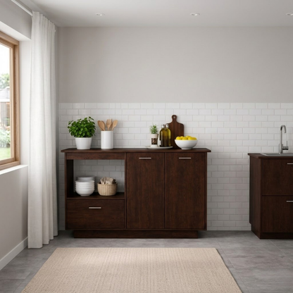 Solid Wood Kitchen Sideboard Cabinet – Walnut Storage Buffet with Drawer & Open Shelf