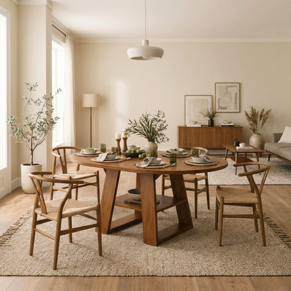 Solid Wood Dining Table – Walnut Pedestal Table with Open Shelf Base