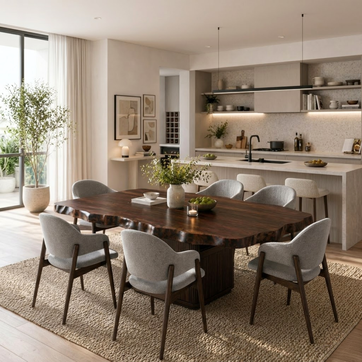 Live Edge Solid Wood Dining Table – Rustic Walnut Slab Table with Sculptural Base