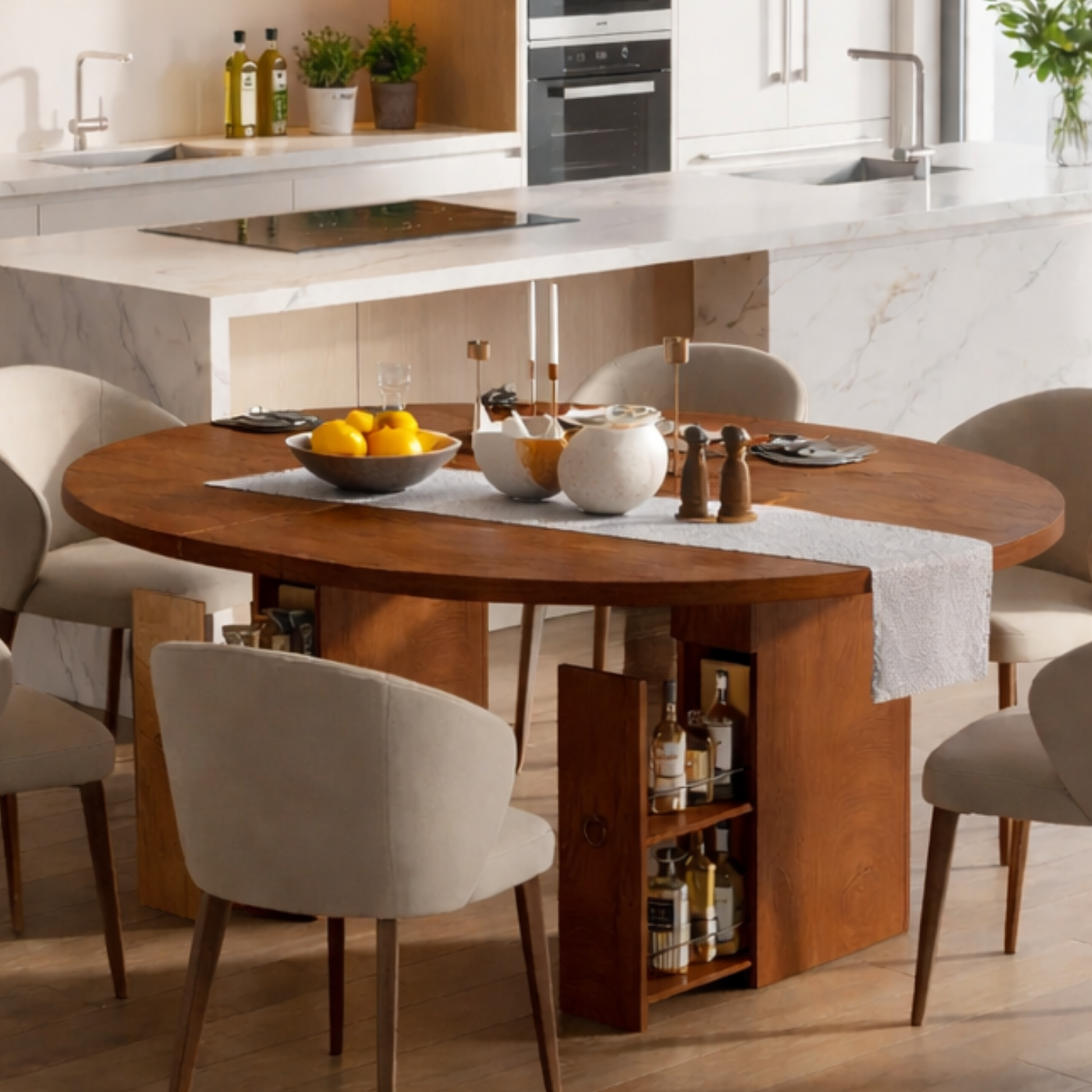 Solid Wood Dining Table with Storage – Walnut Pedestal Kitchen Table