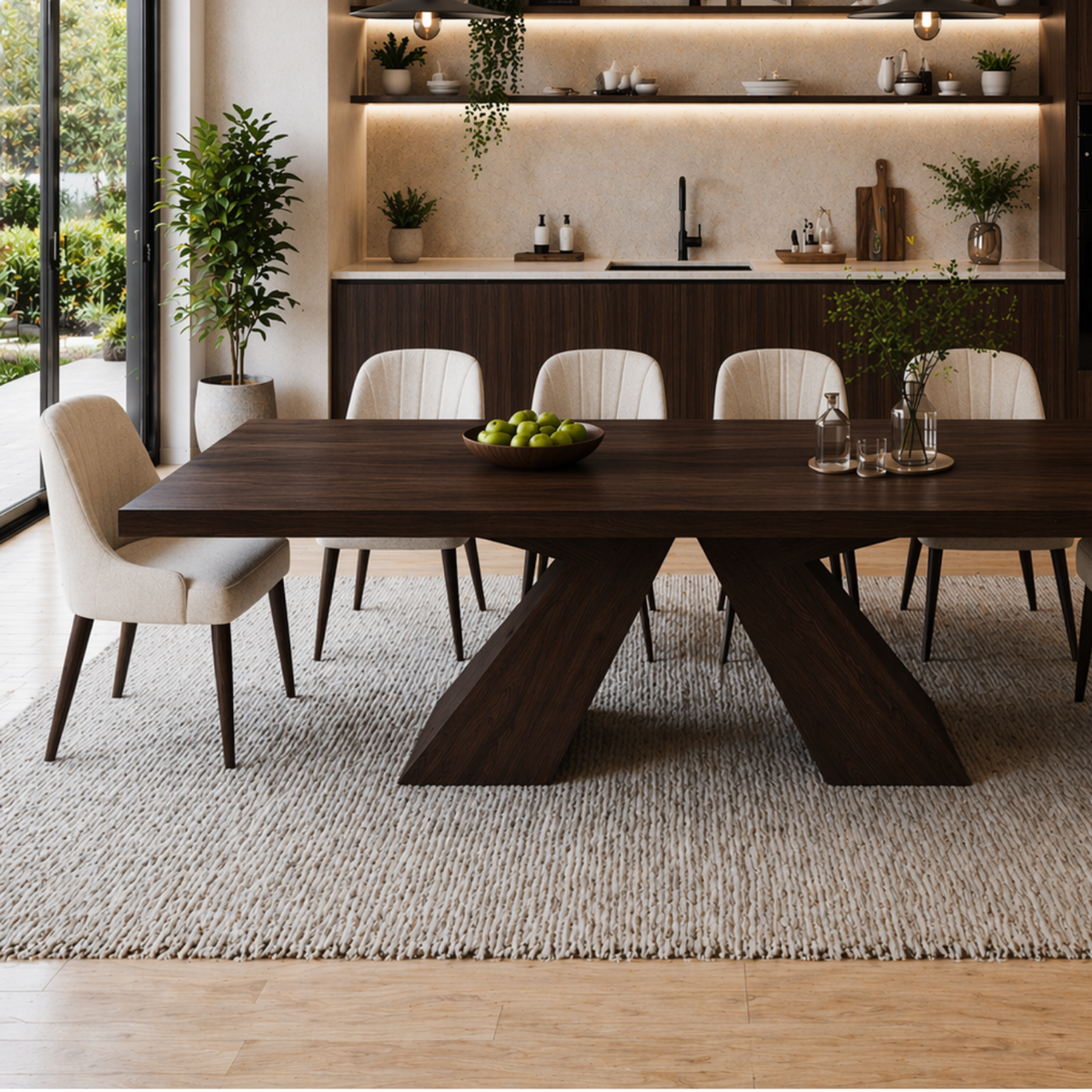Solid Wood Dining Table with Sculptural X Base – Modern Walnut Rectangular Dining Table
