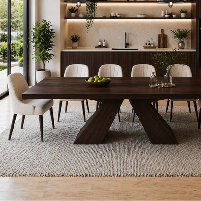 Solid Wood Dining Table with Sculptural X Base – Modern Walnut Rectangular Dining Table