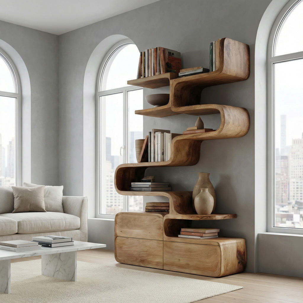 Scandinavian Sculptural Wooden Bookshelf With Organic Shape For Living Room Kitchnce
