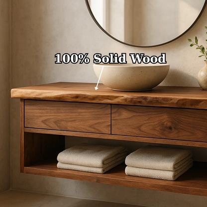 Handcrafted Solid Wood Floating Vanity - Live Edge Walnut with 2 Drawers & Open Shelf Kitchnce