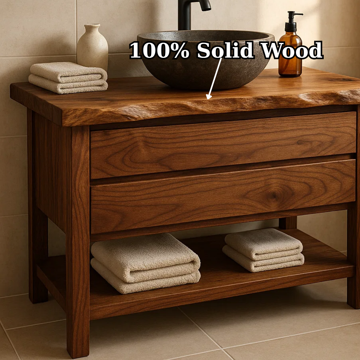 Handcrafted Solid Wood Bathroom Vanity - Live Edge Dark Wood Cabinet & Open Shelf Kitchnce