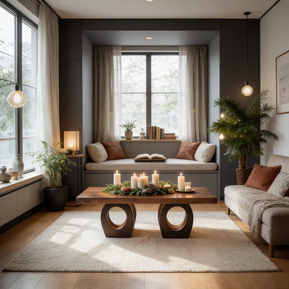 Natural Wood Coffee Table with Dual Circular Open Frame Base
