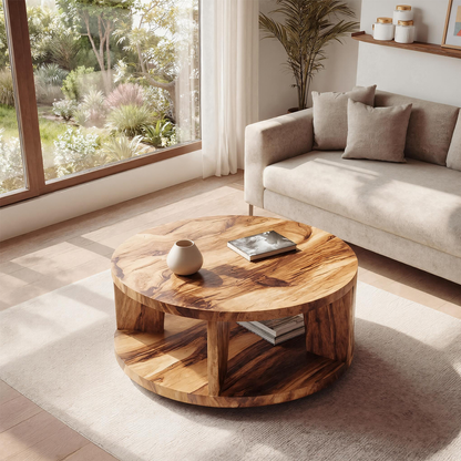 Round Solid Wood Coffee Table with Open Shelf Storage