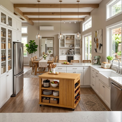 Solid Wood Kitchen Island Cart with Storage – Oak Prep Table with Wine Rack