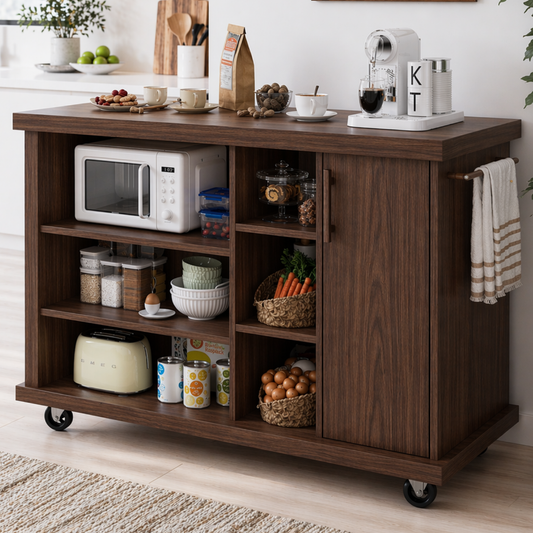 Rolling Kitchen Island with Open Storage & Cabinet – Walnut Microwave Cart with Shelves and Towel Bar