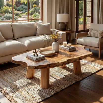 Live Edge Coffee Table with Rounded Slab Top and Solid Legs
