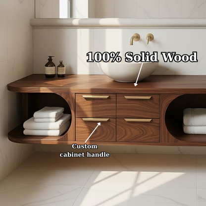 Floating Solid Wood Bathroom Vanity with Drawers and Open Shelves for Contemporary Bathrooms Kitchnce