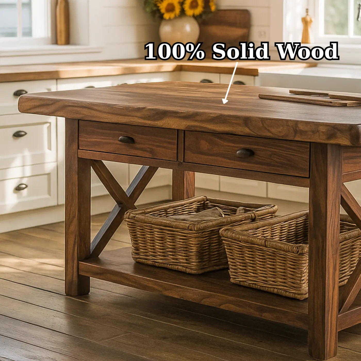 Handcrafted Solid Wood Kitchen Island - X-Base Design & Dark Finish Kitchnce