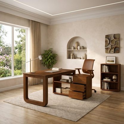 Solid Wood Desk with Storage Drawers – Modern Home Office Table with Side Cabinet