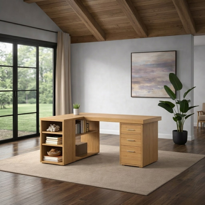 Solid Wood L-Shaped Desk with Storage – Corner Home Office Desk with Drawers and Shelves