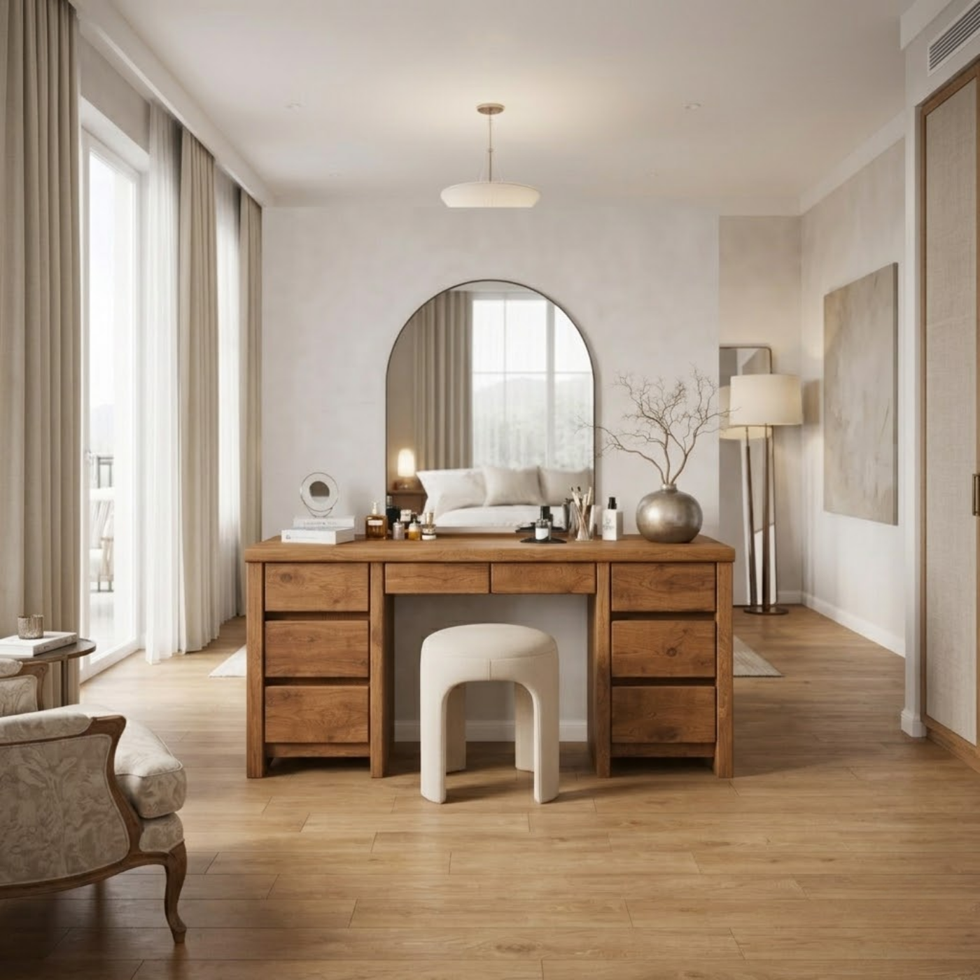Solid Wood Makeup Vanity Desk – Modern Dressing Table with 8 Drawers Storage