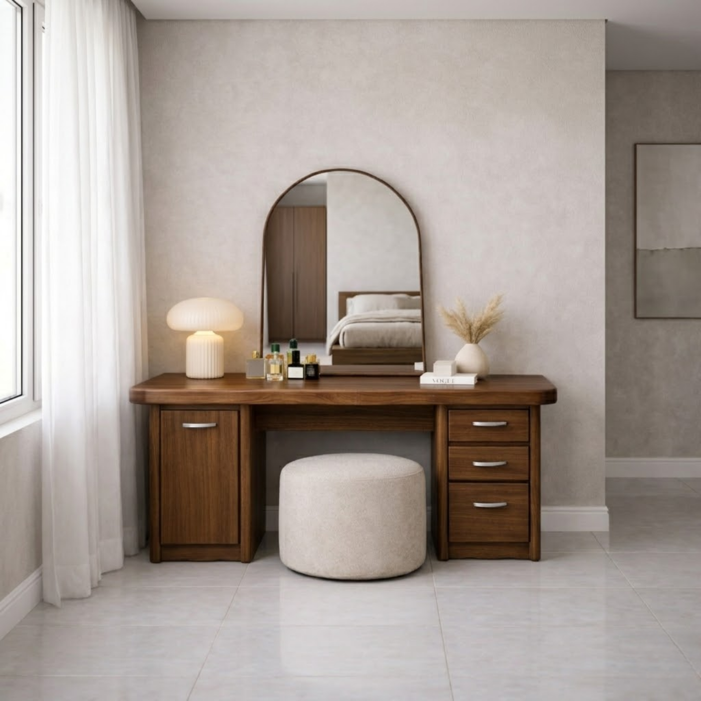 Solid Wood Makeup Vanity Desk with Side Cabinet and 3 Drawers, Modern Wooden Dressing Table