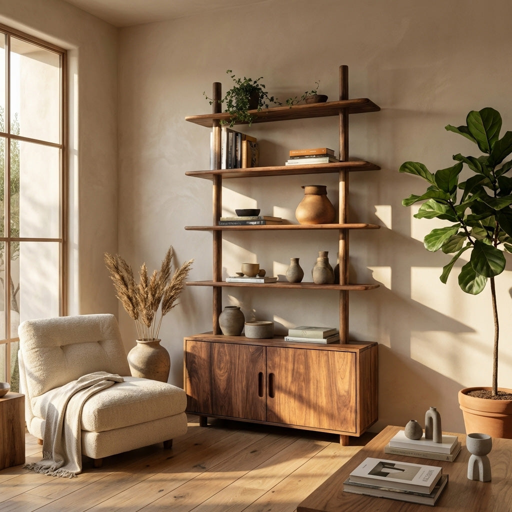 Mid Century Wooden Bookcase With Closed Storage For Living Kitchnce
