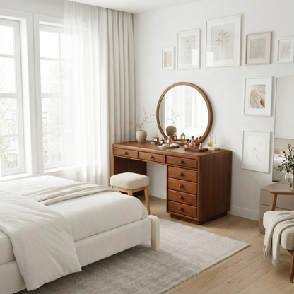 Solid Wood Makeup Vanity Desk with 7 Drawers, Modern Wooden Dressing Table with Rounded Edges