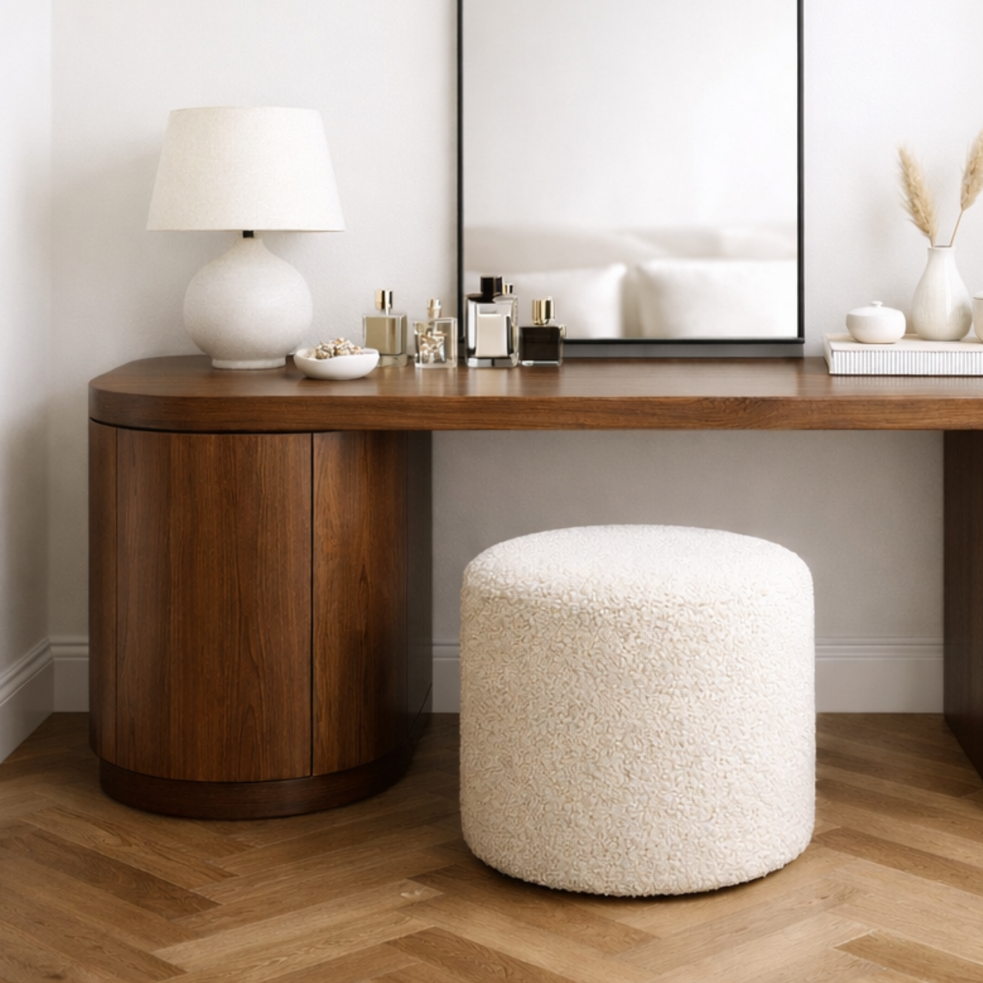 Solid Wood Makeup Vanity Desk with Curved Side Cabinet and Rounded Leg