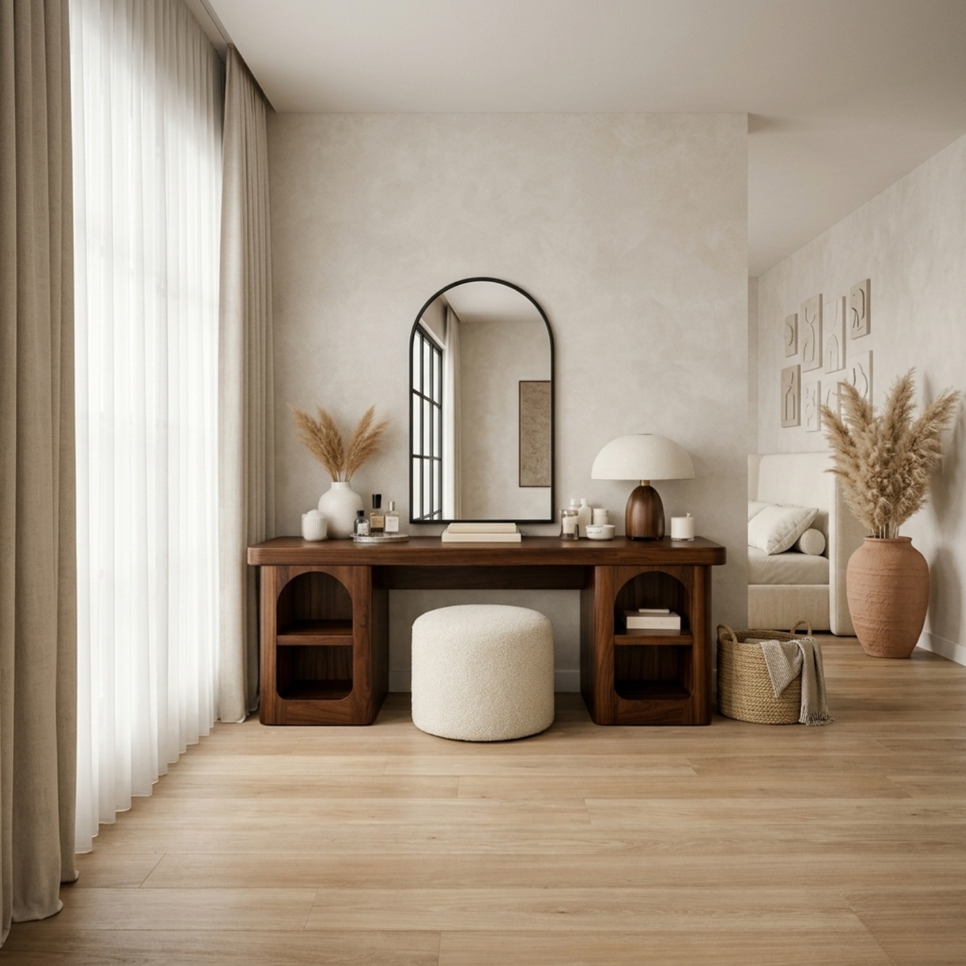 Solid Wood Makeup Vanity Desk with Open Shelves – Modern Vanity Table
