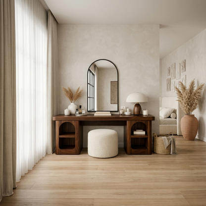 Solid Wood Makeup Vanity Desk with Open Shelves – Modern Vanity Table