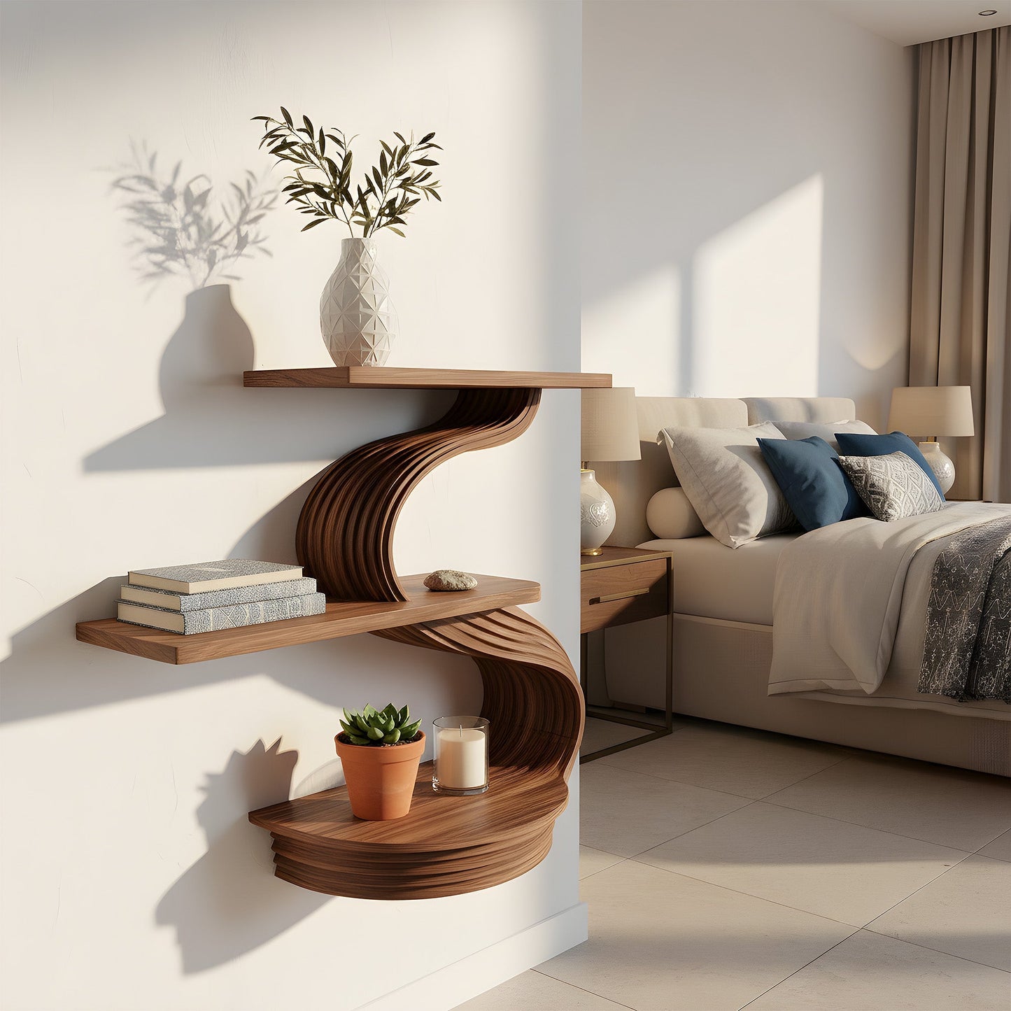 Three-Tier S-Shaped Floating Wall Shelf in Natural Wood