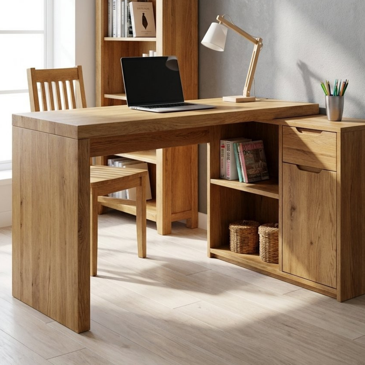 Solid Wood Desk with Storage Cabinet & Shelves – Modern Home Office Table