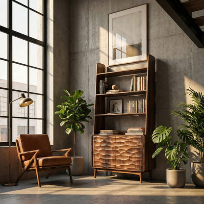 Modern Bookshelf With Carved Wave Cabinet Doors For Home Kitchnce