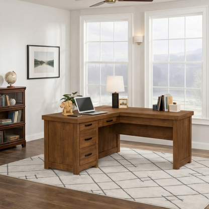 Solid Wood L Shaped Executive Office Desk with 4 Drawers and Corner Work Surface