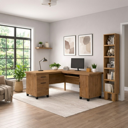 Solid Wood L Shaped Office Desk with 2 Drawers, Storage Cabinet and Keyboard Tray