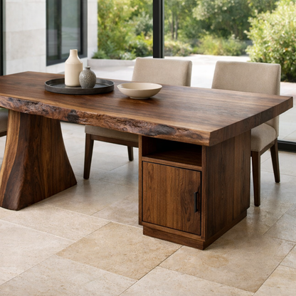 Solid Wood Live Edge Dining Table with Storage Cabinet and Sculptural Base