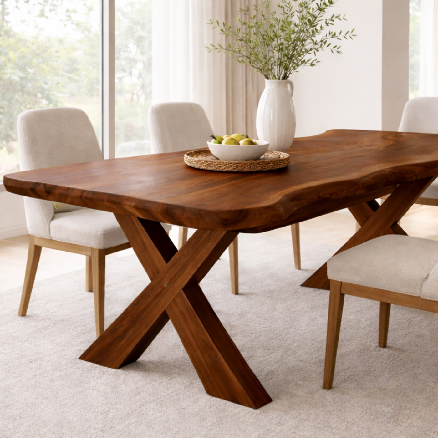 Solid Wood Live Edge Dining Table with X-Base Sculptural Legs