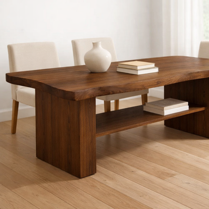 Solid Wood Dining Table with Thick Slab Top and Open Shelf Storage