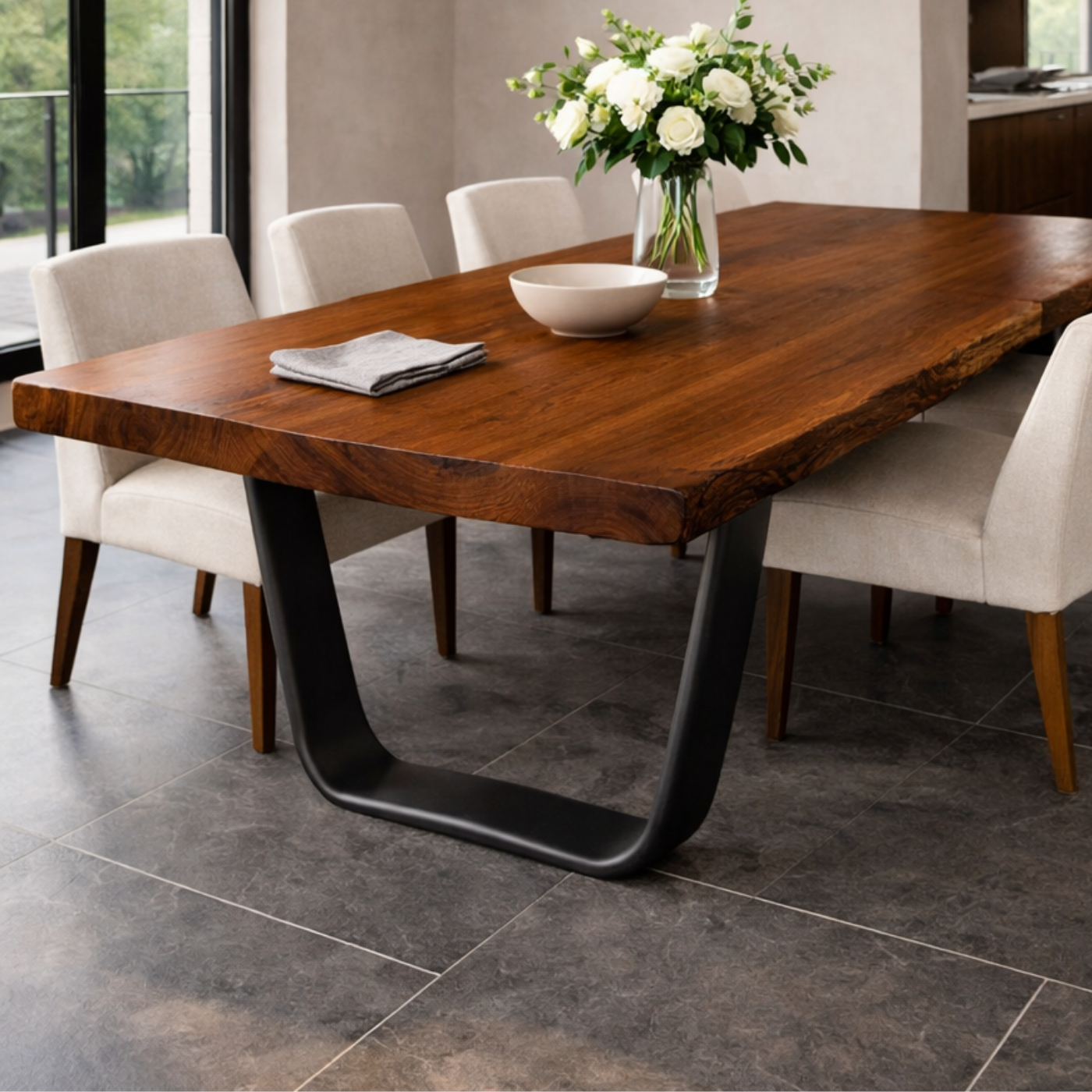 Solid Wood Live Edge Dining Table with Modern U-Shaped Metal Base