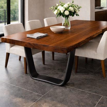 Solid Wood Live Edge Dining Table with Modern U-Shaped Metal Base