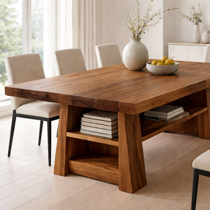 Solid Wood Dining Table with Storage Shelf – Modern Kitchen Dining Table