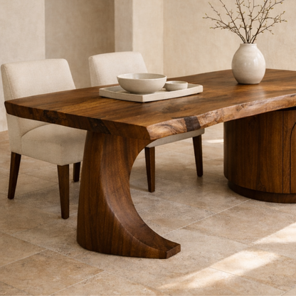 Solid Wood Live Edge Dining Table with Curved Base and Round Storage Cabinet