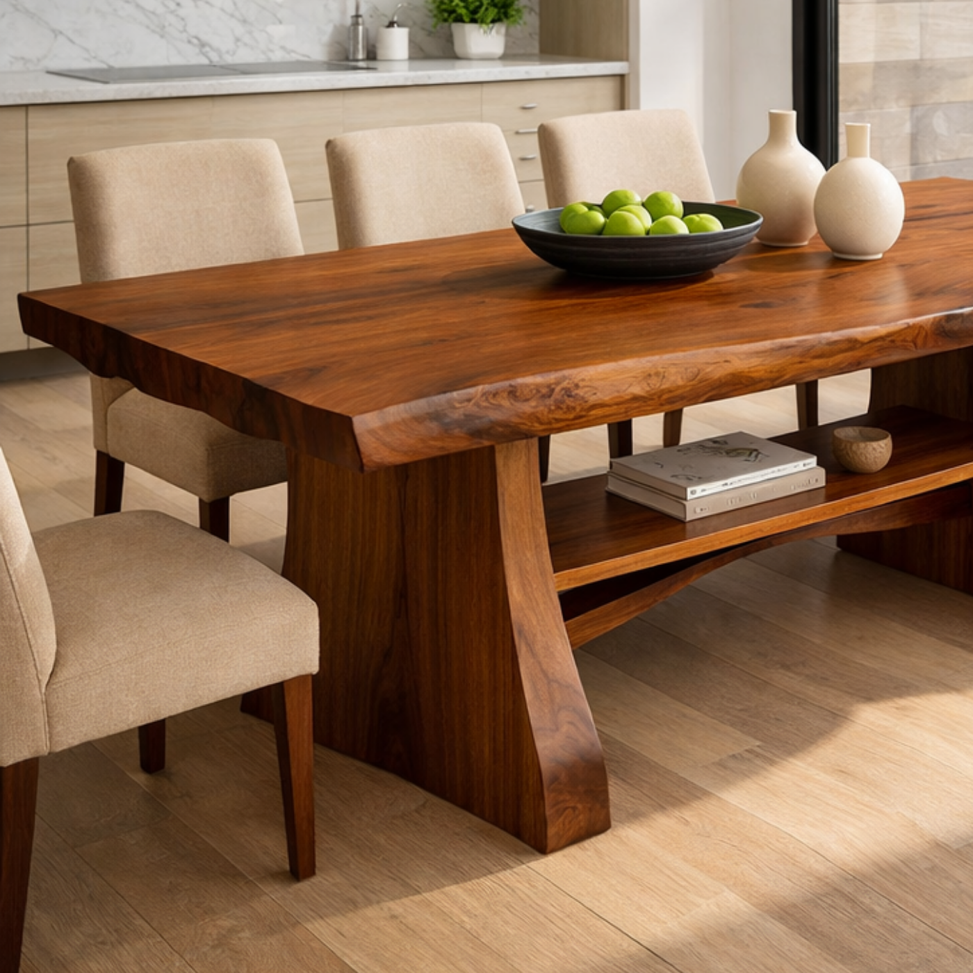 Solid Wood Live Edge Dining Table with Sculptural Base and Open Shelf