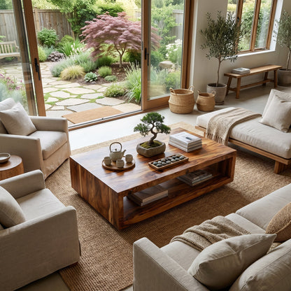 Minimalist Solid Wood Coffee Table With Open Shelf