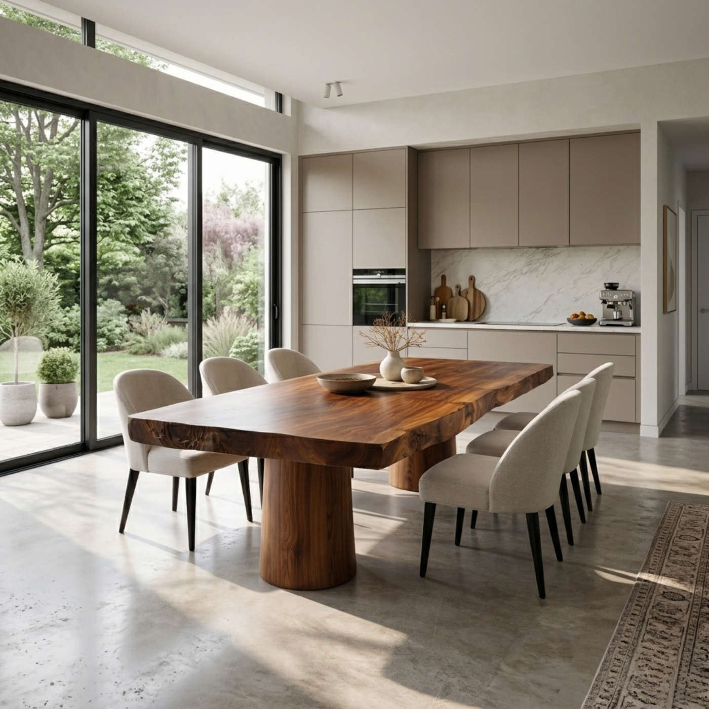 Solid Wood Live Edge Dining Table with Sculptural Pedestal Base