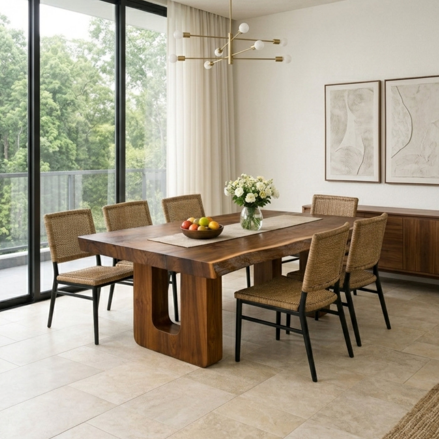 Solid Wood Live Edge Dining Table with Modern U-Shaped Base