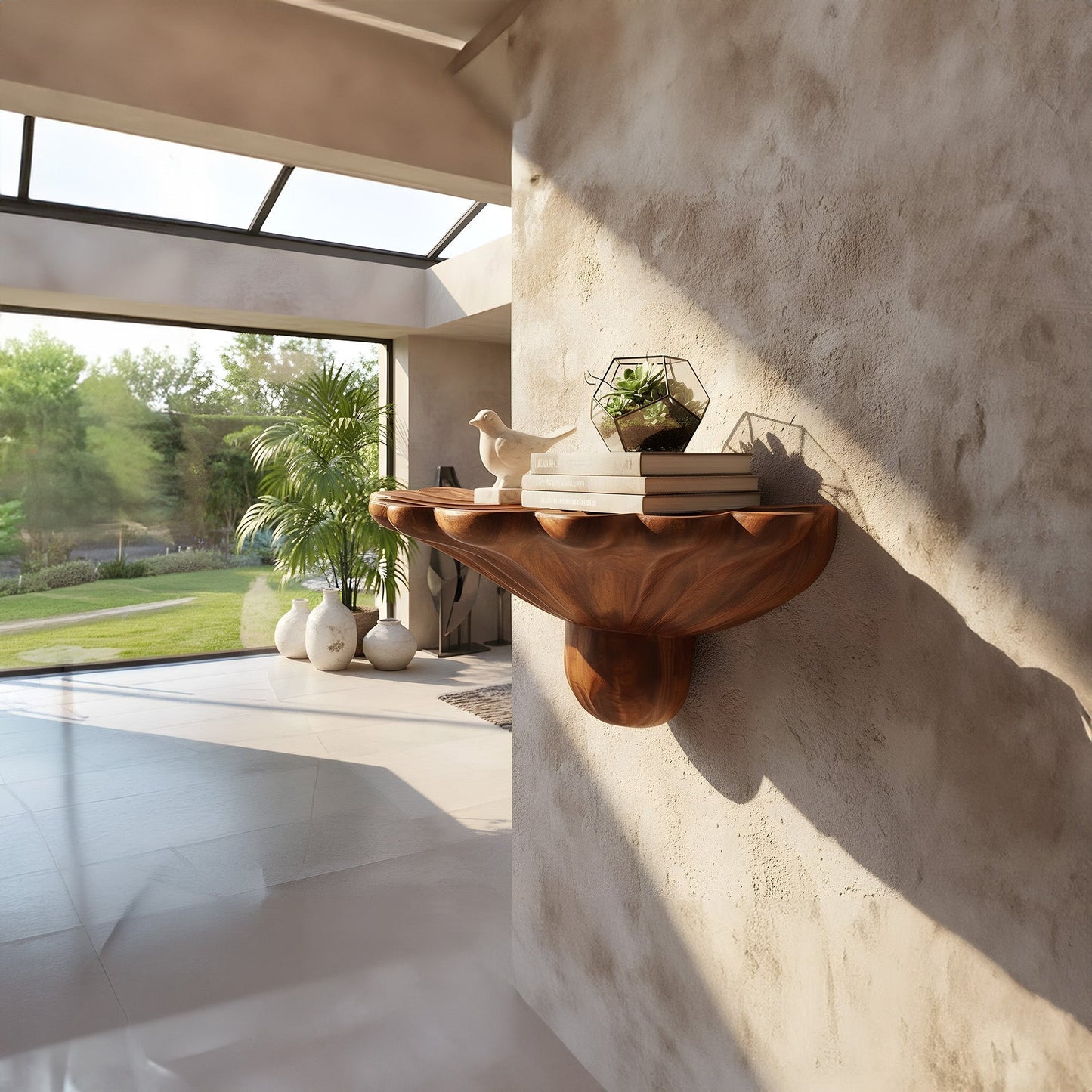 Sculptural Wall-Mounted Sink in Natural Wood with Organic Carved Form